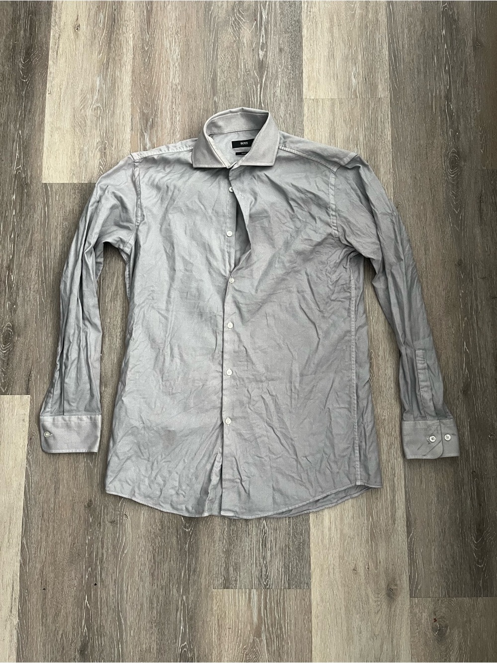 Hugo Boss Sharp Fit Mens Gray Textured Cotton Dress Shirt 15.5 32/33 Long Sleeve
